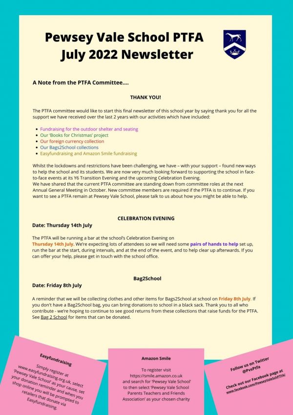 Pewsey Vale School PTFA July 2022 Newsletter